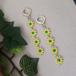 Gold Steel Yellow Daisy Flower Drop Earrings Huggie Hoop